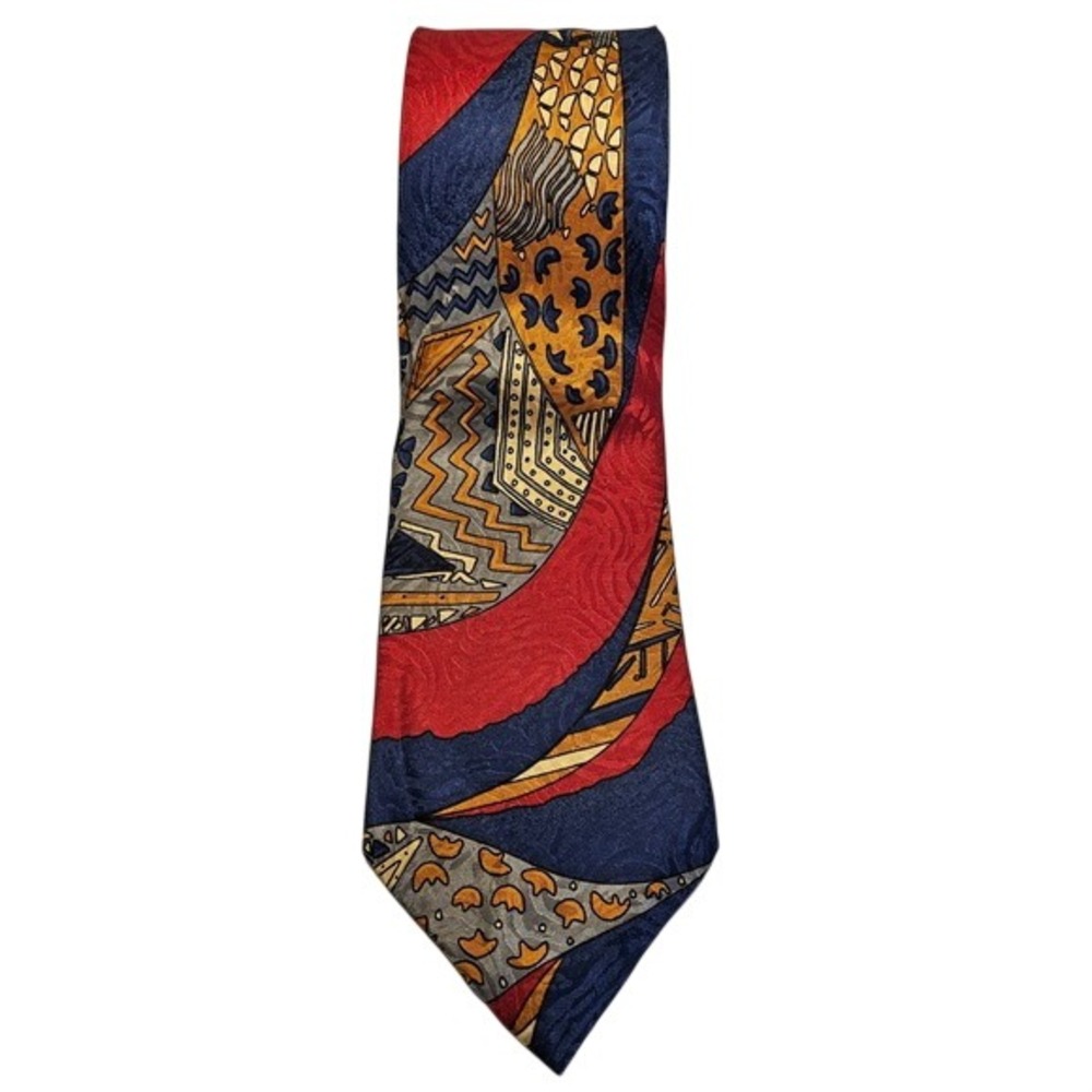 Bonfanti Firenze Mens Silk Tie Abstract Geometric Made in Italy Navy Red Gold